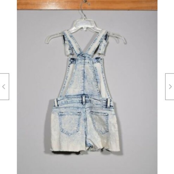 Jordache Blue Acid Bib Front Denim Short Overalls Romper Sz L 10/12 - Picture 2 of 3